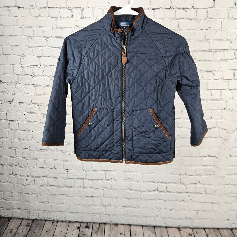 Polo Ralph Lauren Boys Navy Blue Quilted Jacket Real Suede Trim Size 6